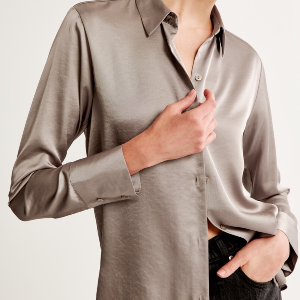 Long-Sleeve Satin Button-Up Shirt : Large | Champagne Color | NEW: NEVER USED
